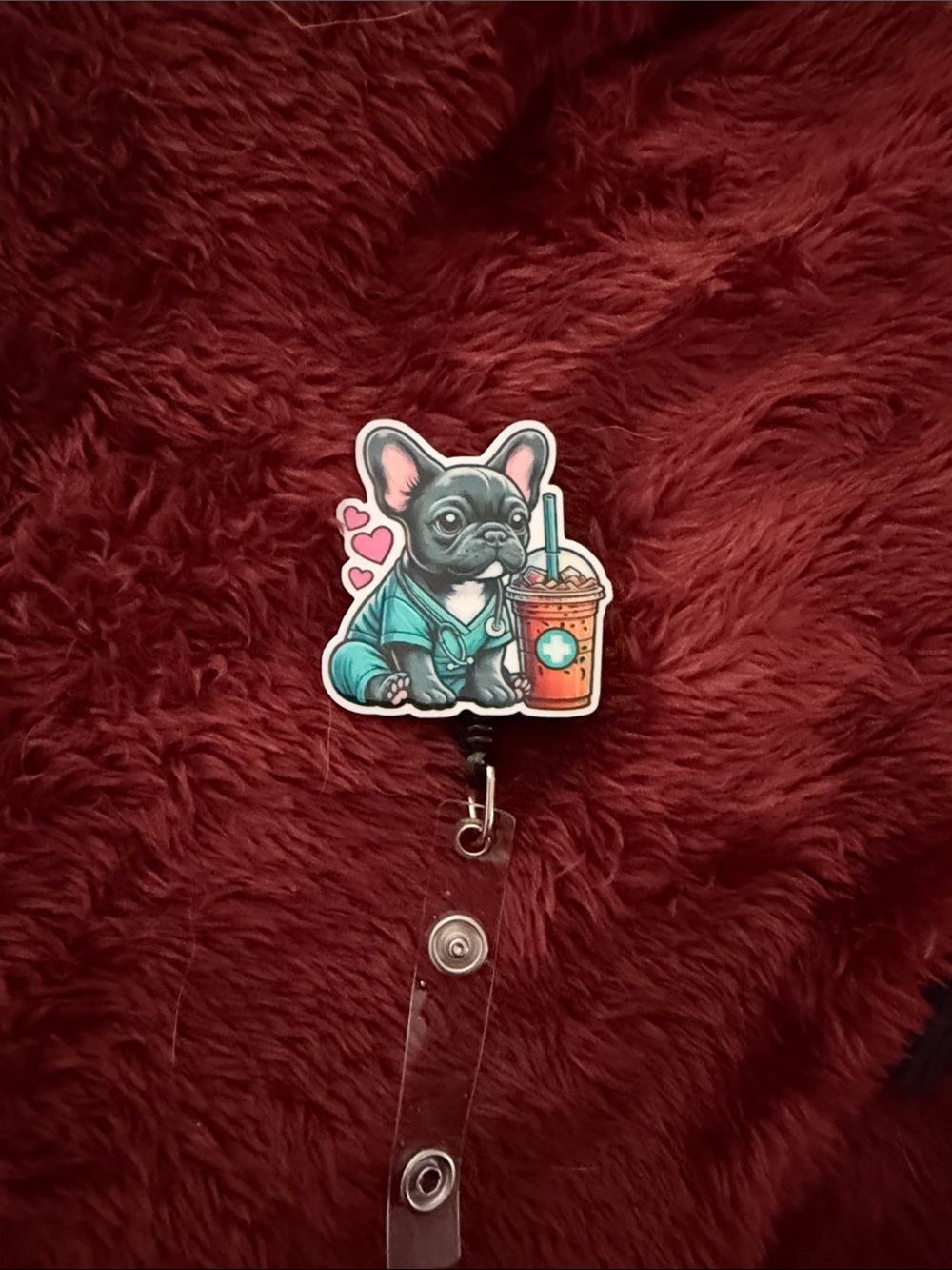 Cute French Bulldog Badge Reel with Teal Outfit and Orange Drink